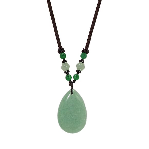 Large green aventurine stone pendant necklace in a teardrop shape on brown cord - Picture 1 of 9